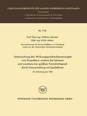 cover image of Untersuchung der Wirkungsgradverbesserungen von Propellern, erstens bei kleinem und zweitens bei großem Fortschrittsgrad durch Ummantelung mit Spaltdüsen